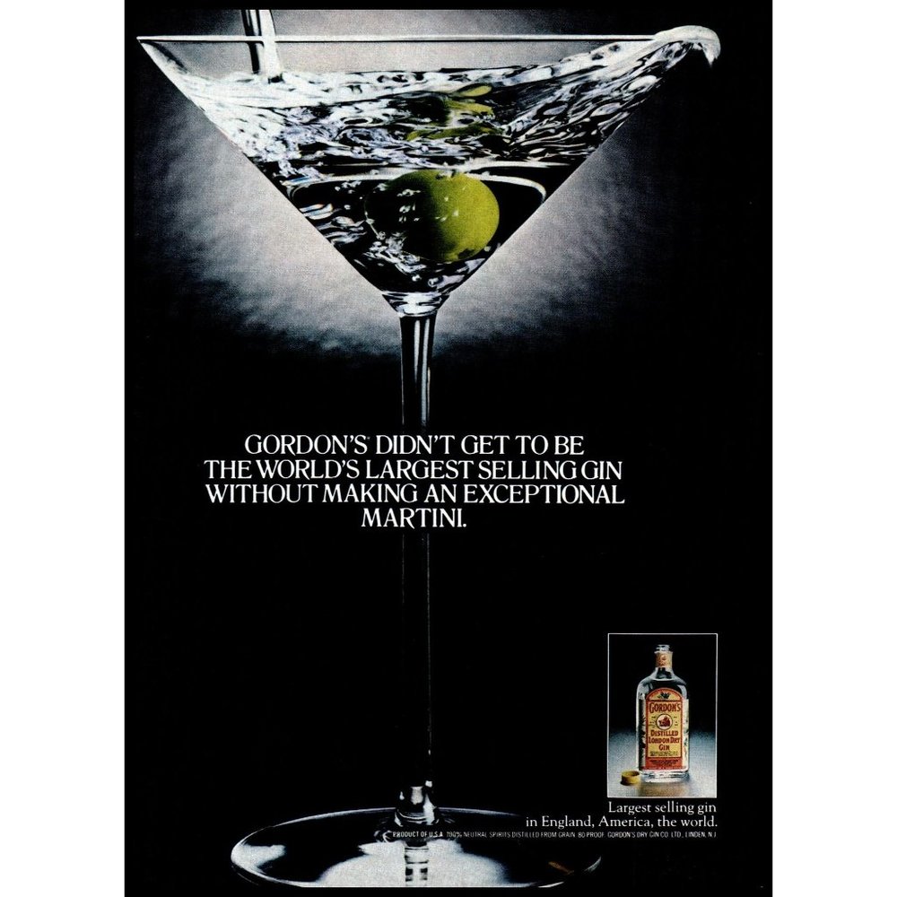 1978 Gordon's Dry Gin Vintage Print Ad Giant Martini Glass Cocktail Wall Art